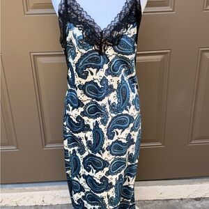 Satin Printed Lace Trim V-Neck Midi Downtown Cami Slip Dress from Express